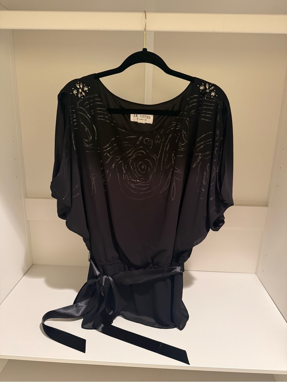 JR Nites Black Embellished Waist-Tie Blouse